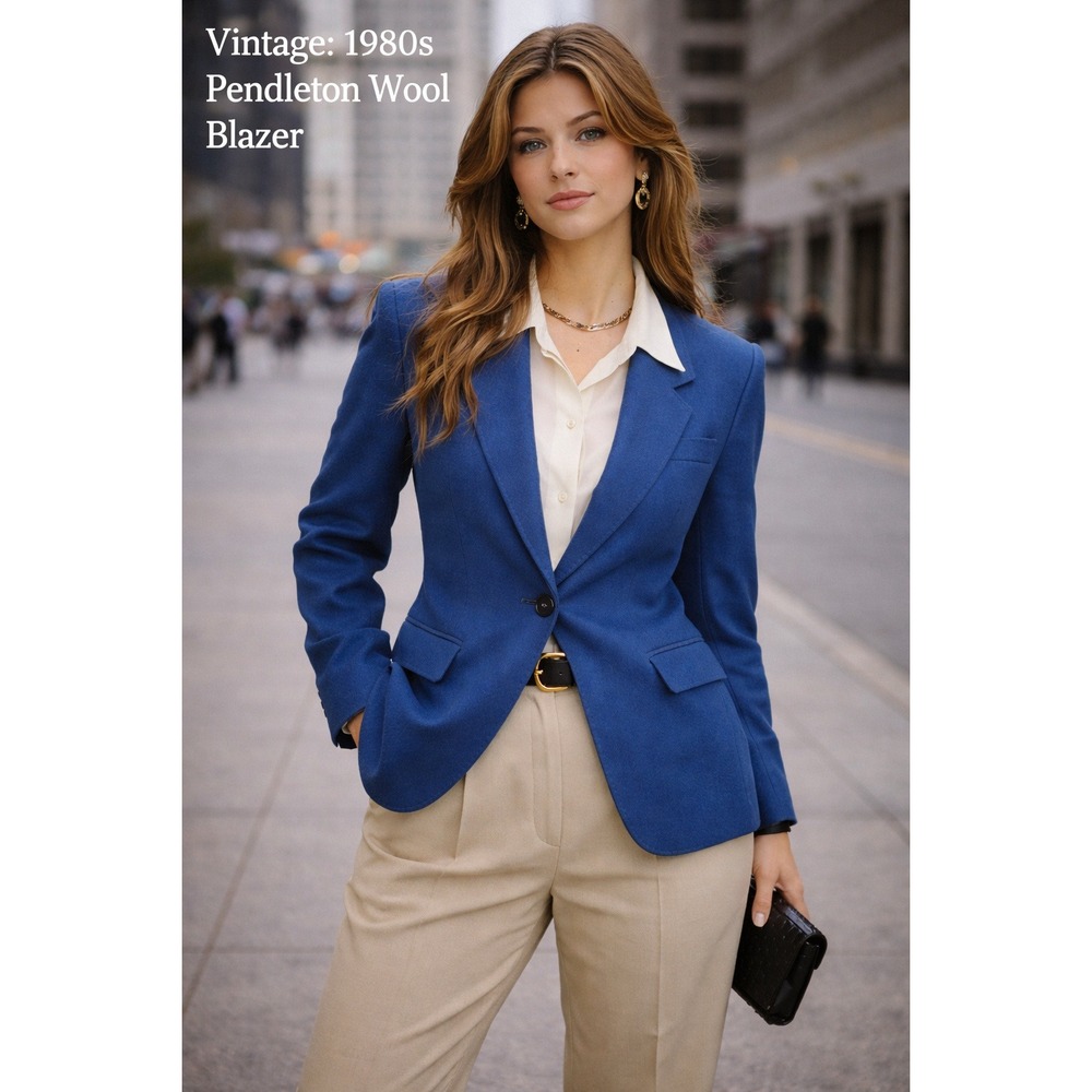 Vtg Pendleton Wool Blazer Womens Sz 12 Petite Blue Single Button Career USA 80s